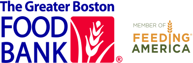 Logos for greater boston food bank and feeding america, both with drawings of wheat growing