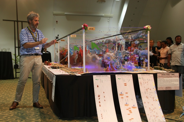Man in front of a large 3D timeline on a table with small sculptures inside indicating natural disasters