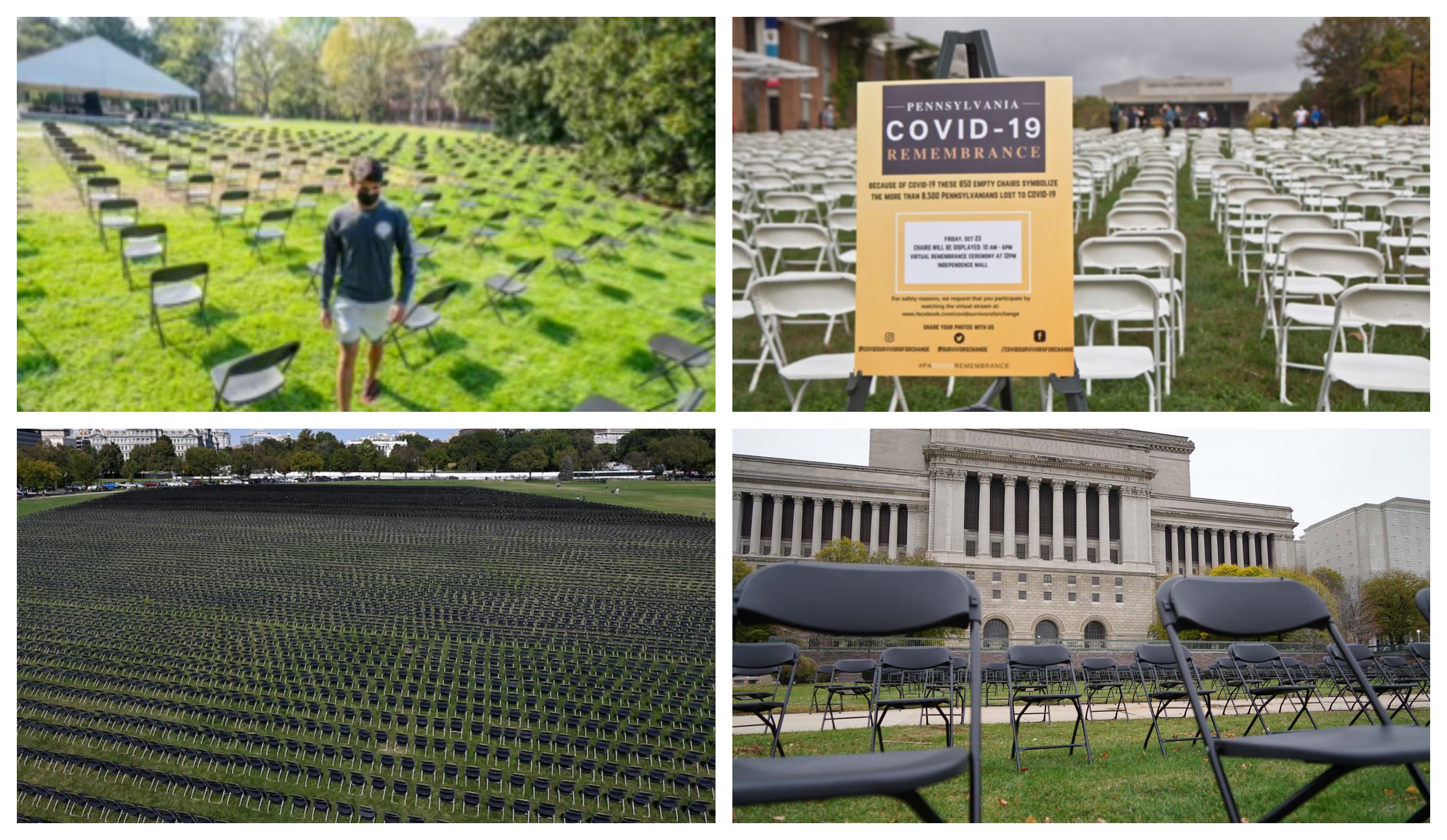 collage of photos of green lawns with rows and rows of empty chairs