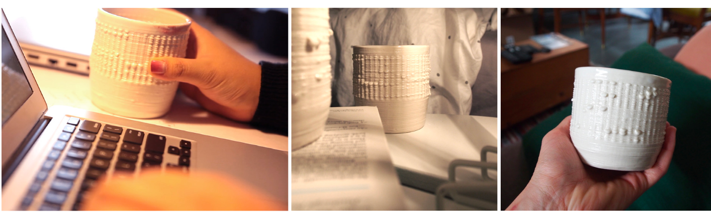 collage of three photos of a 3D printed clay mug in different settings, with bumps on it representing sounds of different parts of the city