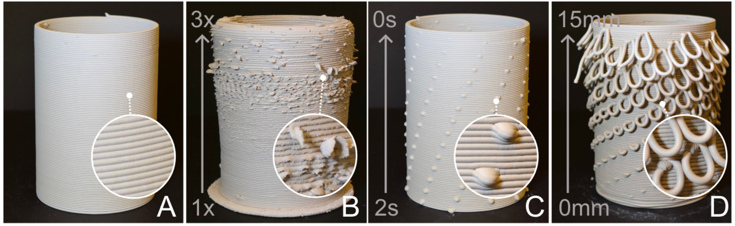 collage of four photos of 3D printed clay mugs with different types of bumps and patterns on them