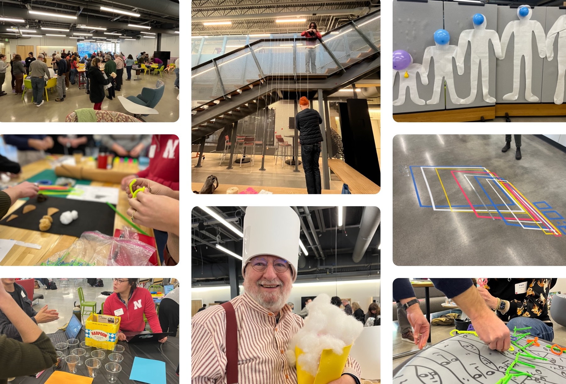 collage of photos showing people in an open work area constructing things out of craft materials of varying sizes