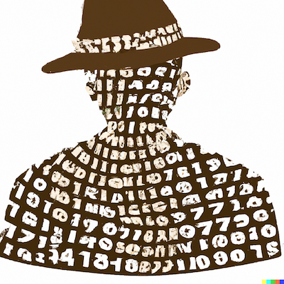 silhouette of a person filled with numbers representing quantitative data, wearing a brown hat like a reporter would wear in old movies, on a white background