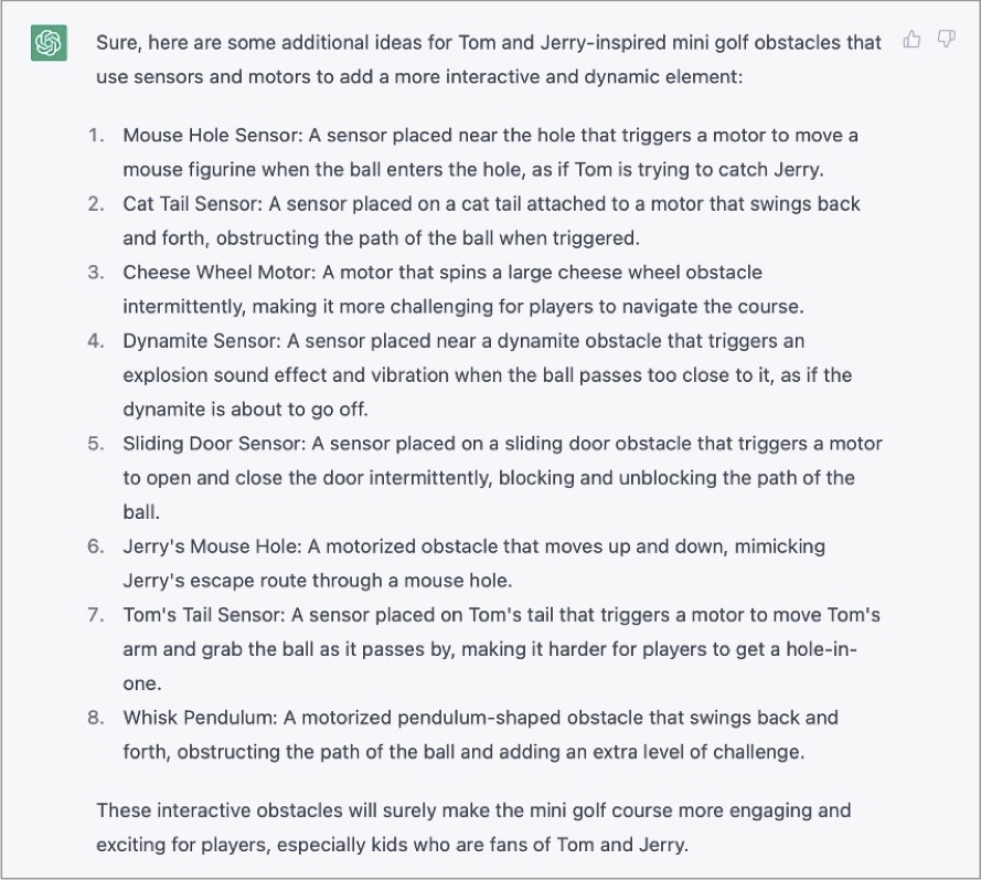 screenshot of interactive hole ideas from OpenAI's Chat GPT-3