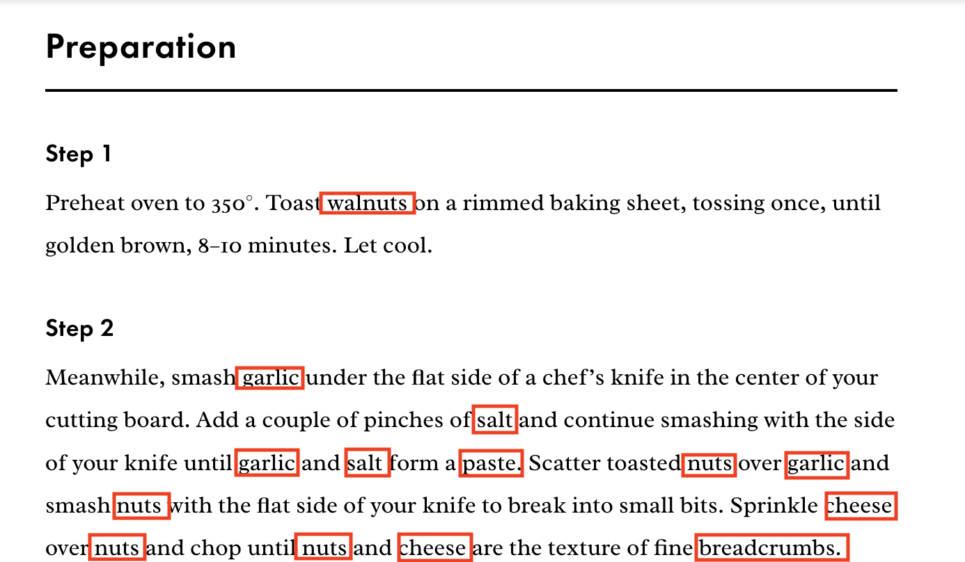 screenshot of text from a Bon Appetit article with food words outlined in red