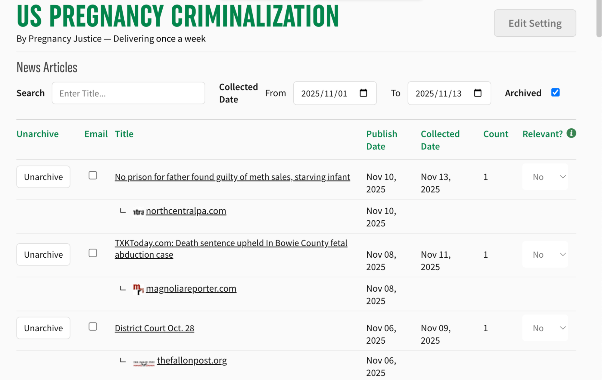 screenshot of the webpage interface for reviewing candidate news articles