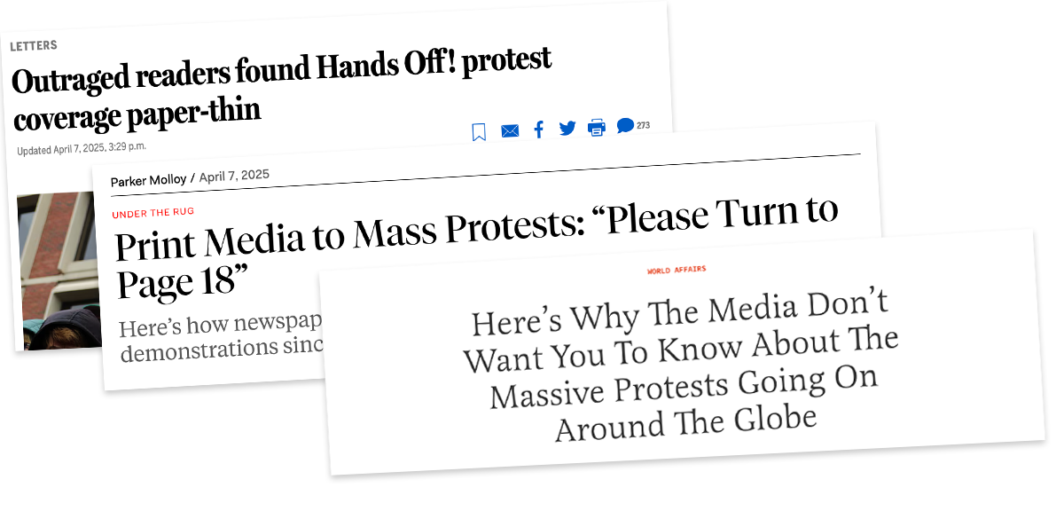 screenshots of various headlines critiquing media coverage of the April 5 “Hands Off” protests