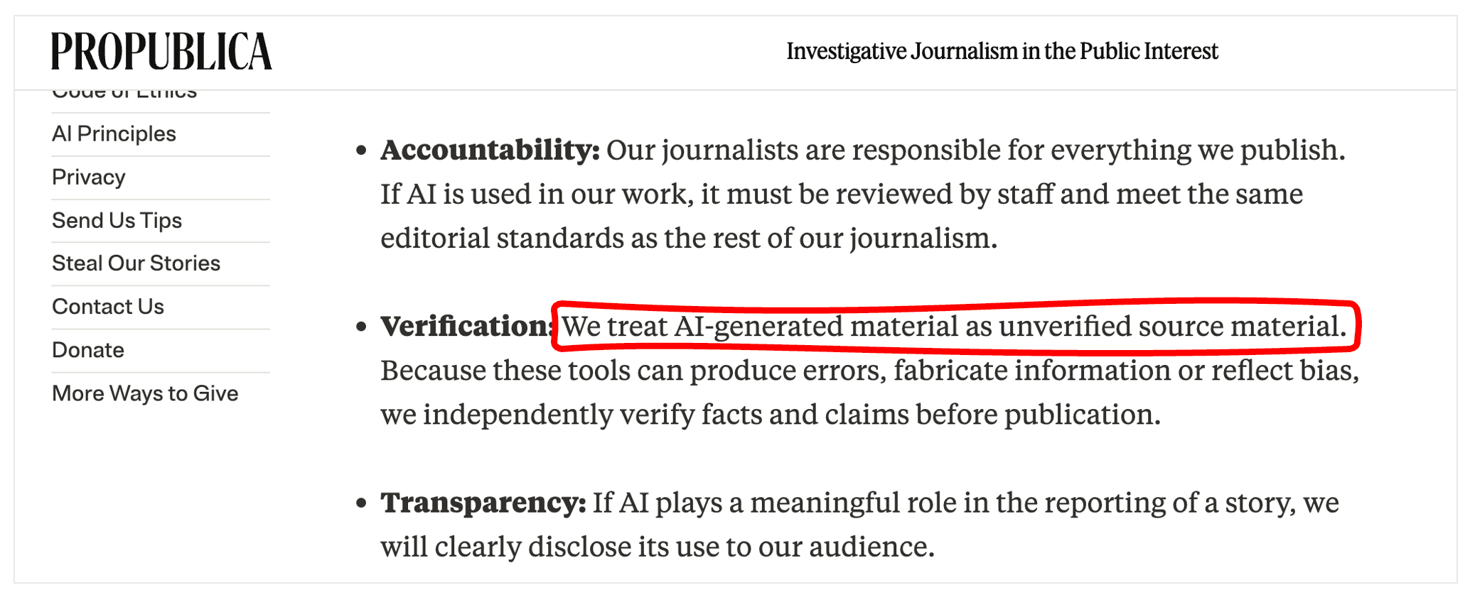 screenshot of ProPublica's AI policy page