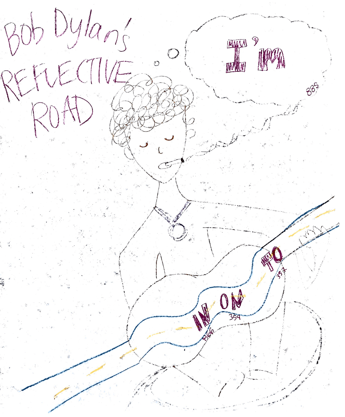 A drawing of Bob Dylan thinking the word “I’m,” holding a guitar with other short words from the dataset written on it.