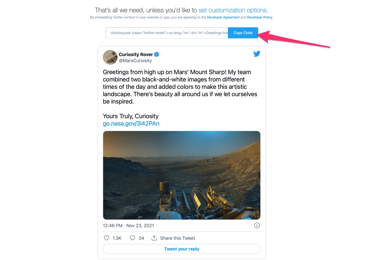screenshot of Twitter's embed-a-tweet page