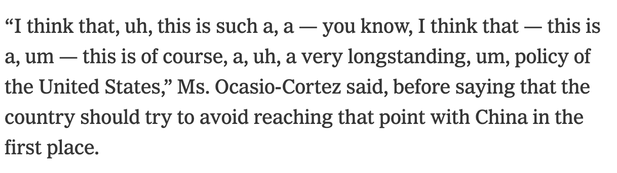 Screenshot of the AOC quote excerpt from the New York Times article