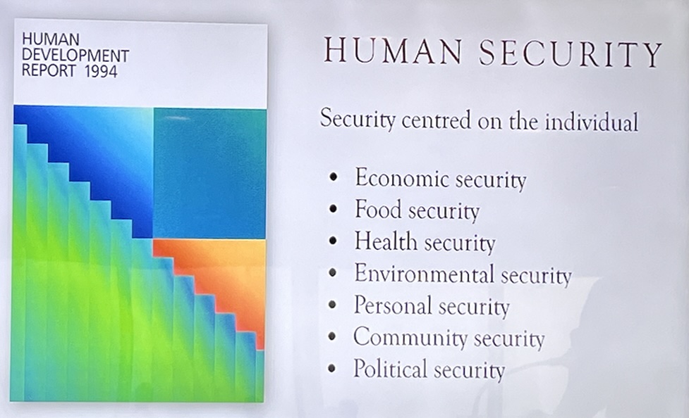 screenshot of slide defining key elements of human security as noted in the 1994 Human Development Report