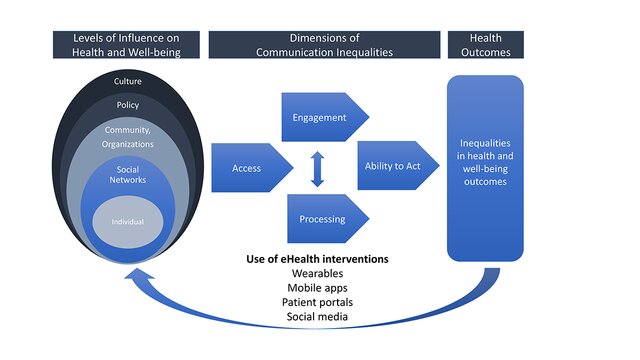 model diagram showing influences on health, communication inequalities, and outcomes