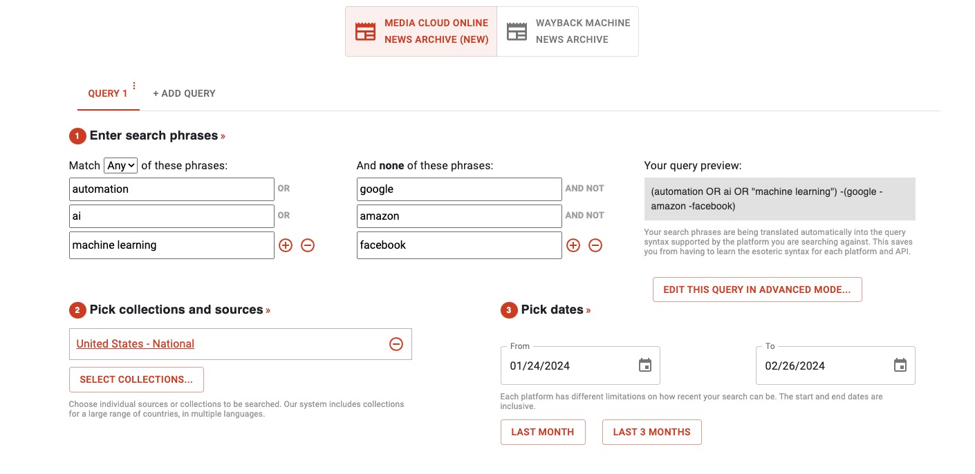 screnshot of web search tool