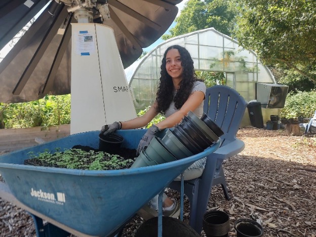 Ana Varela, We Grow Microgreens' current horticulture co-op, sits beneath the shade of their Smartflower solar panel on a summer day.